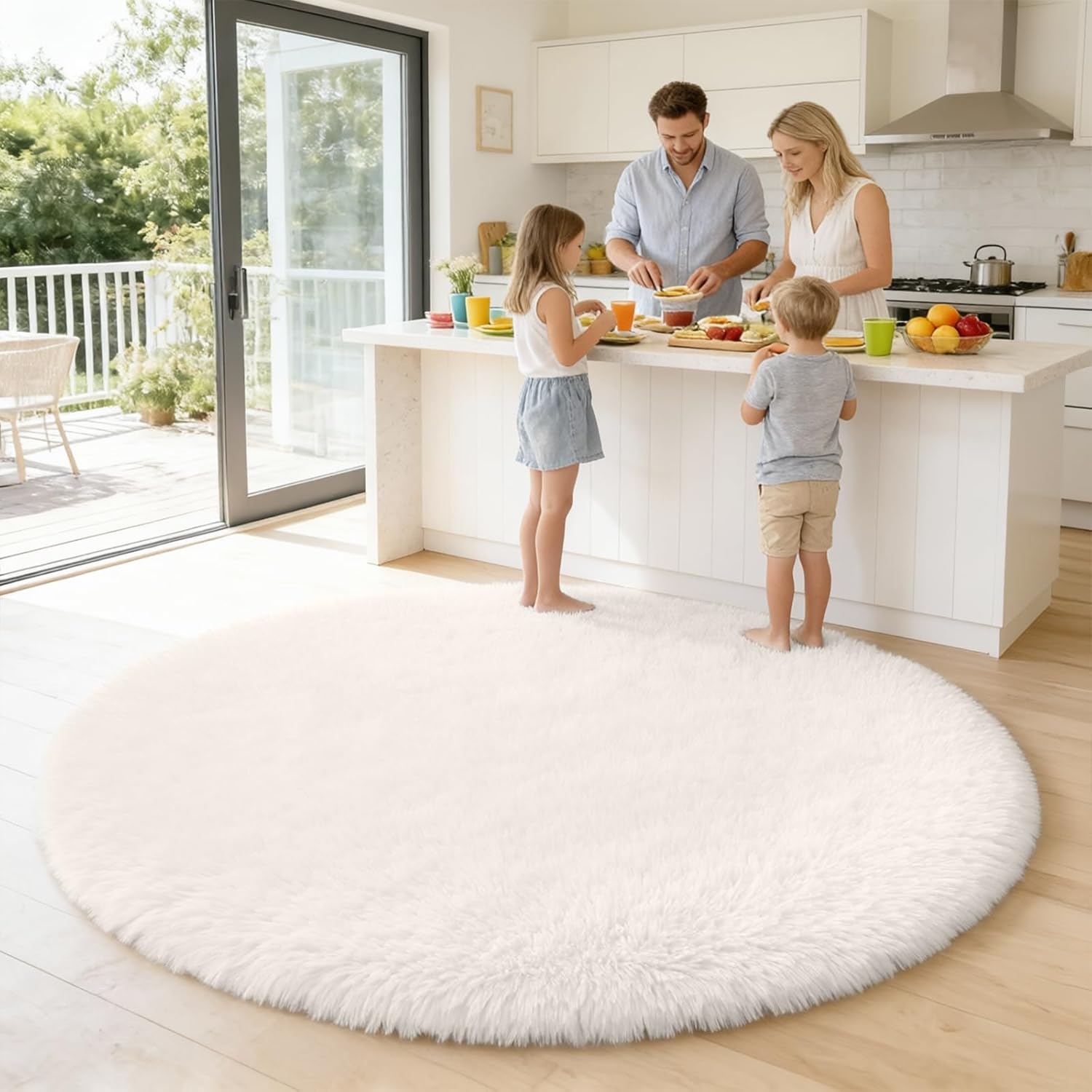 OLANLY Ivory Round Rug - Soft, Fluffy Shaggy Carpet | 6 ft Machine Washable Area Rug for Bedroom & Living Room