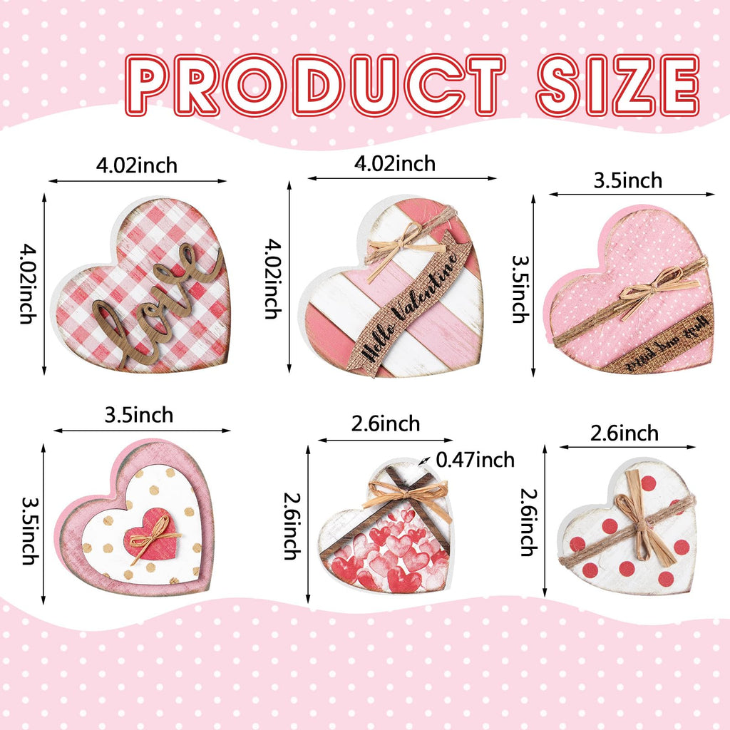 Wonderjune 6 Pcs Valentine‘s Day Decorations Rustic Heart Shaped Wooden Sign Farmhouse Love Wood Block Table Centerpiece Valentines Tiered Tray Decor for Valentines Day Wedding Home(Cute Style)