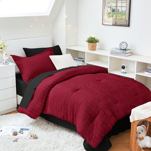 HYMOKEGE Twin XL Comforter Set - Red & Black Seersucker 5-Piece Luxury Bedding Set for All Seasons