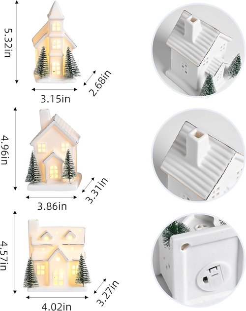 AOMOONOA Ceramic White Christmas Village Houses - 3-Piece LED Lighted Porcelain Set with 6 Trees | Holiday Home Decor