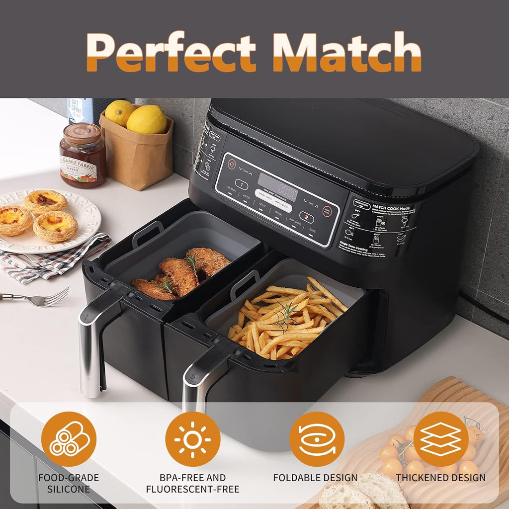 NINJA Air Fryer Silicone Liners - Reusable Collapsible 2-Pack for 8QT & 10QT Baskets | Gray
