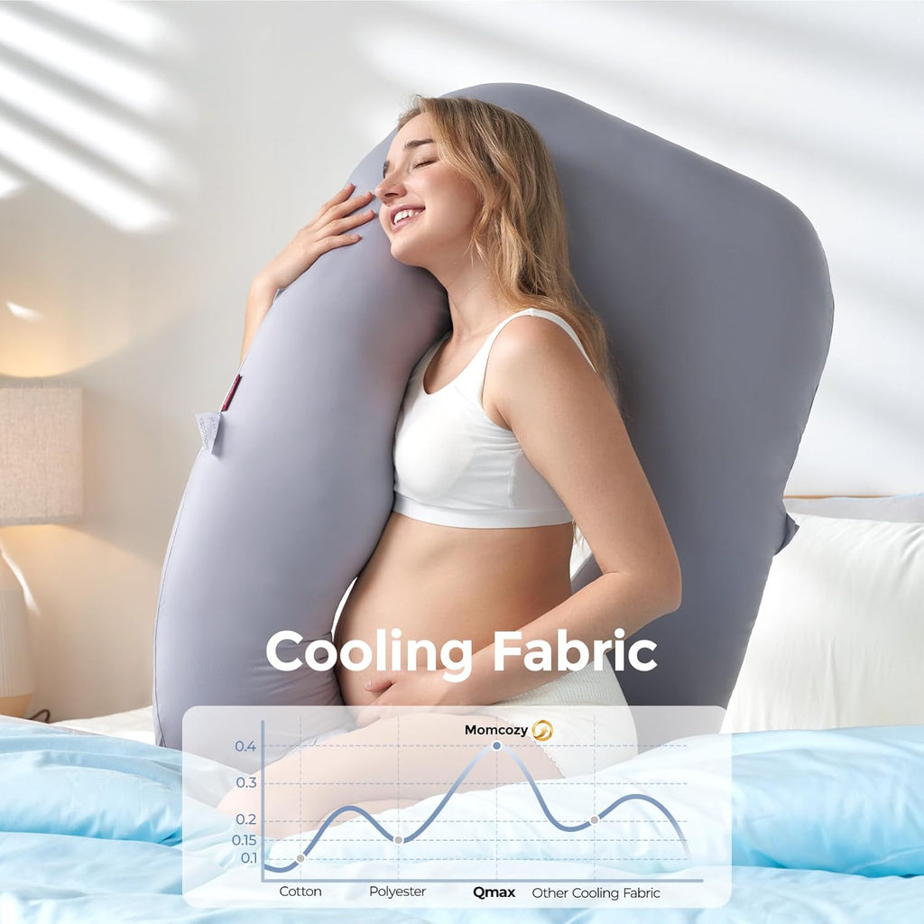 Momcozy Pregnancy Pillow - Cooling Cover & Adjustable Leg Support for Back, Hips, Belly | 50-72 Inch, Grey