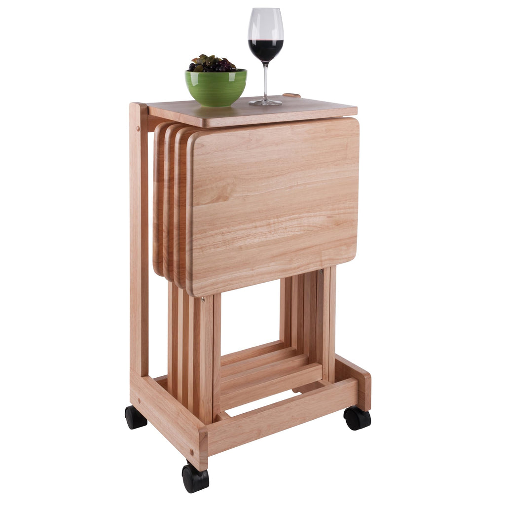 Winsome Brienda Snack Table Set with Mobile Serving Cart, for Living Room, Patio, 32", Natural, Set of 4 Tables