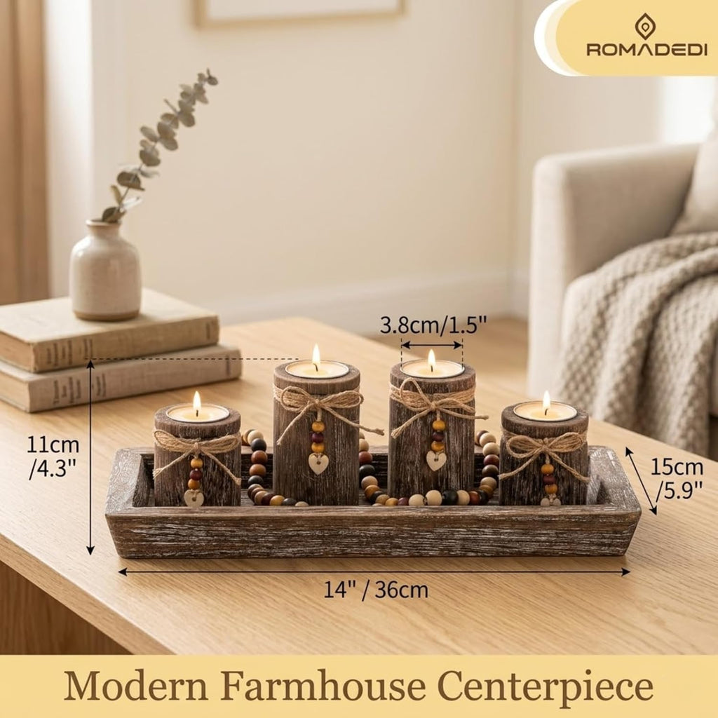 Romadedi Candle Holder Set - Boho Wooden Tray with 4 Tealight Holders for Farmhouse Decor | Living Room Centerpiece