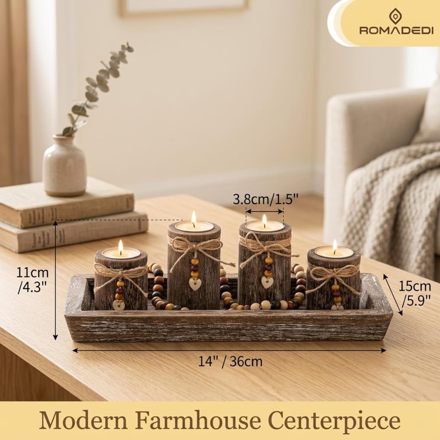 Romadedi Candle Holder Set - Boho Wooden Tray with 4 Tealight Holders for Farmhouse Decor | Living Room Centerpiece