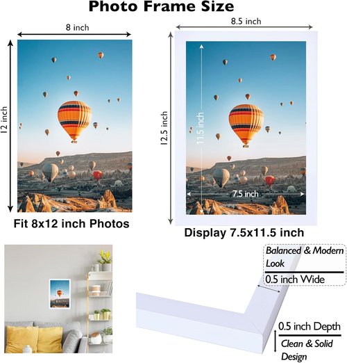 JCJMY 8x12 Picture Frame - White Wall Mount or Tabletop Display with Shatter-Resistant Plexiglass