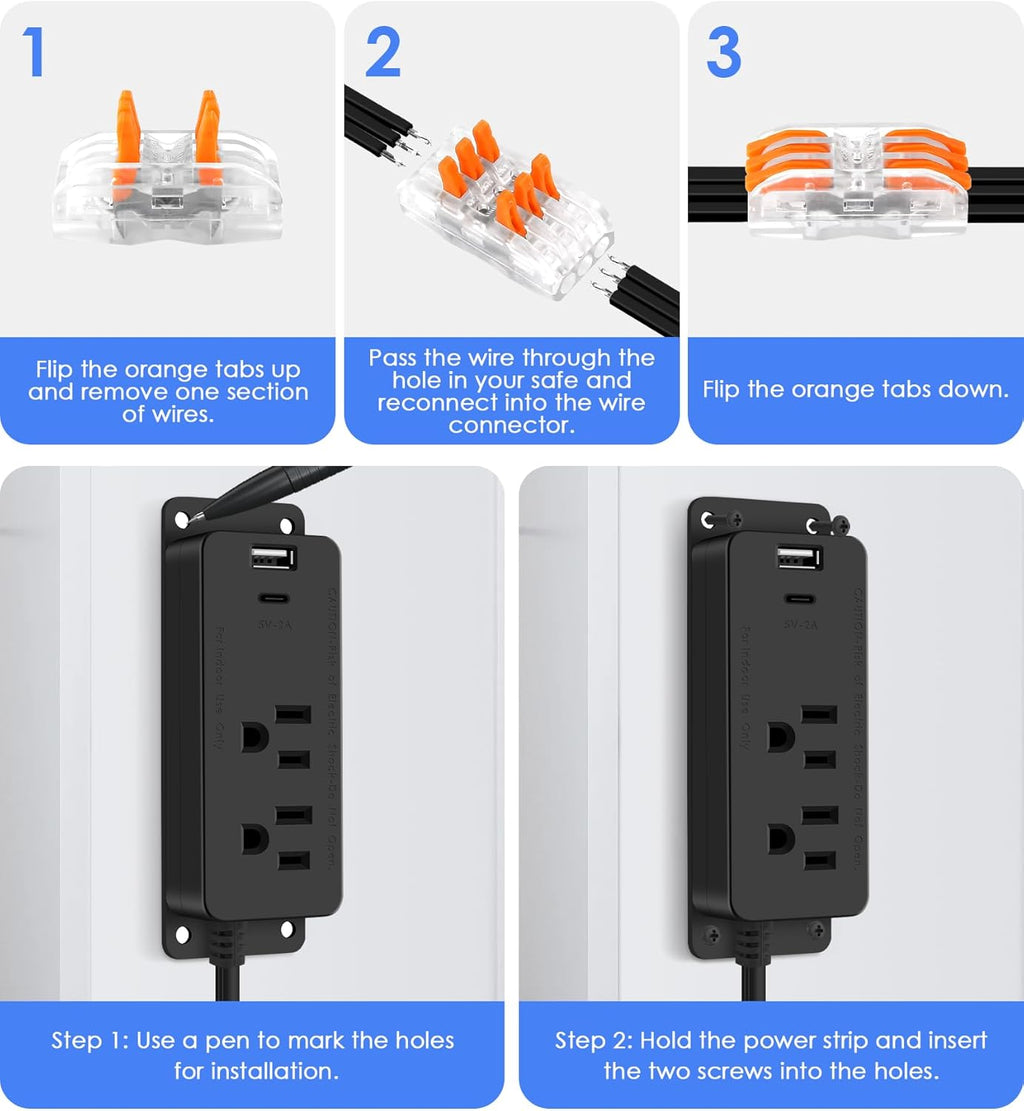 Skiennix Gun Safe Power Outlet Kit - Electrical Outlet with USB-C Port for Dehumidifiers & Lights (6FT)