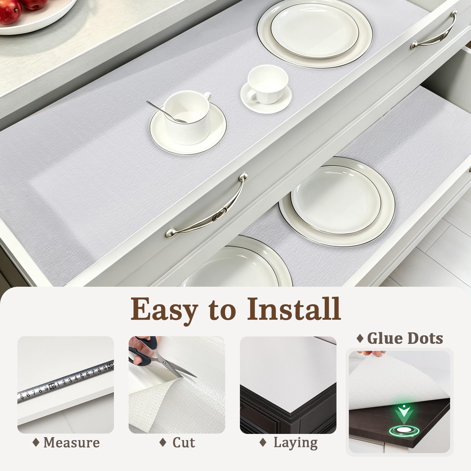 MIAONET 18" x 360" Shelf and Drawer Liner for Kitchen Cabinets Non-Adhesive Easy Cut Non-Slip Shelves Paper, Durable Washable Cupboards liners Protector Cabinet Bathroom Drawers Pantry Shelving, White