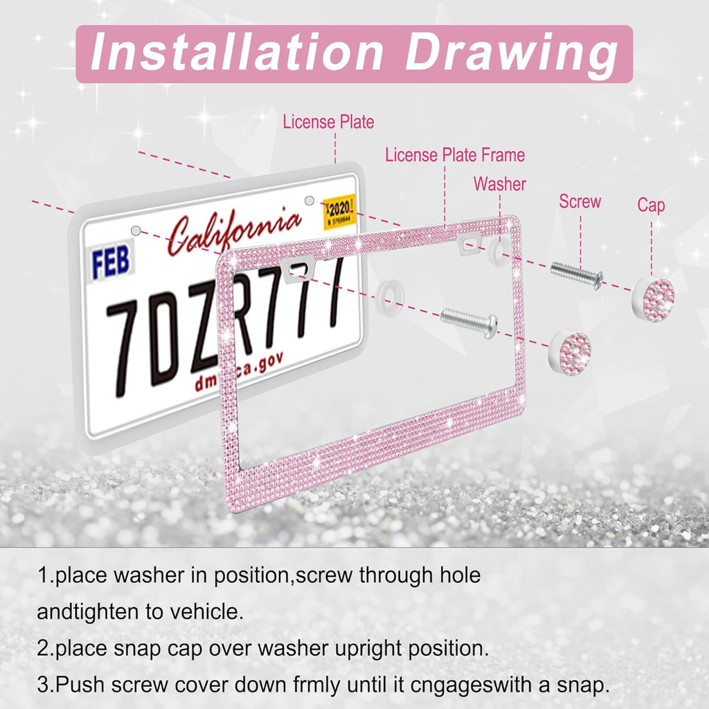 Amiss Bling License Plate Frame - Handcrafted Rhinestone Crystal Car Accessories | 2-Pack, Pink