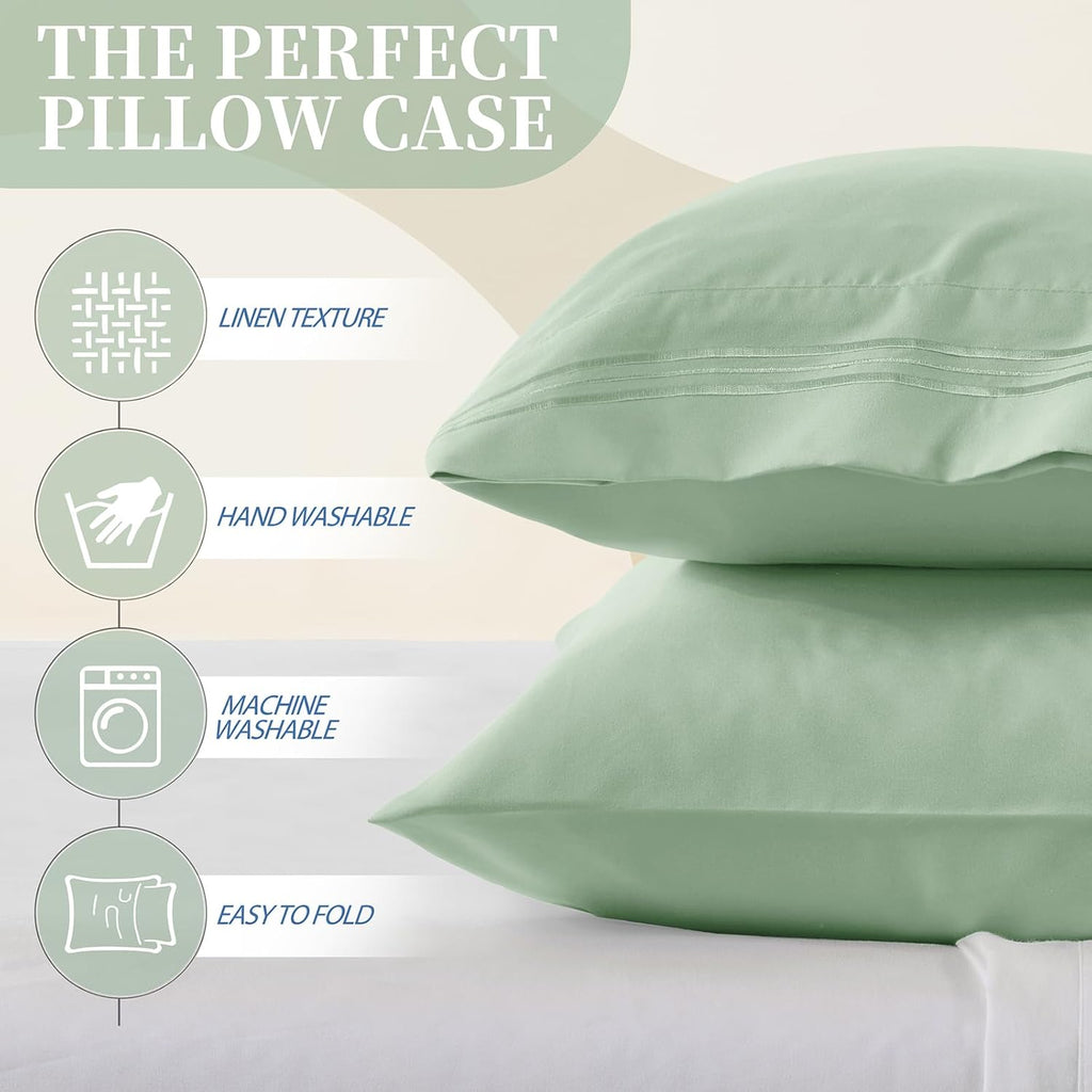 Vonty Queen Pillow Cases - 20x30 Inch, 1800 Thread Count Microfiber, Soft Sage Green Embroidered Covers