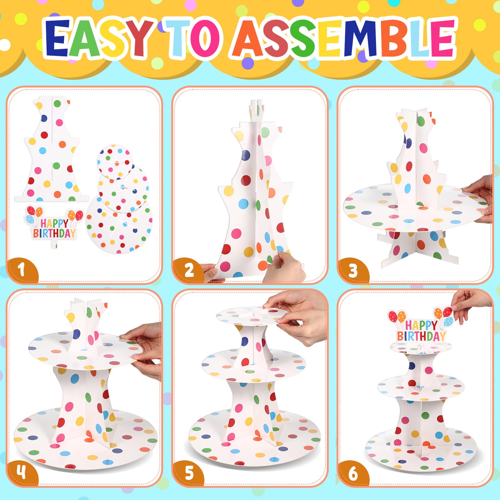 Zopeal Happy Birthday Cupcake Stand 3 Tier Birthday Party Cupcake Holder Polka Dots Cake Stand Holder Cardboard Dessert Tower for Theme Party Supplies Cake Decorations