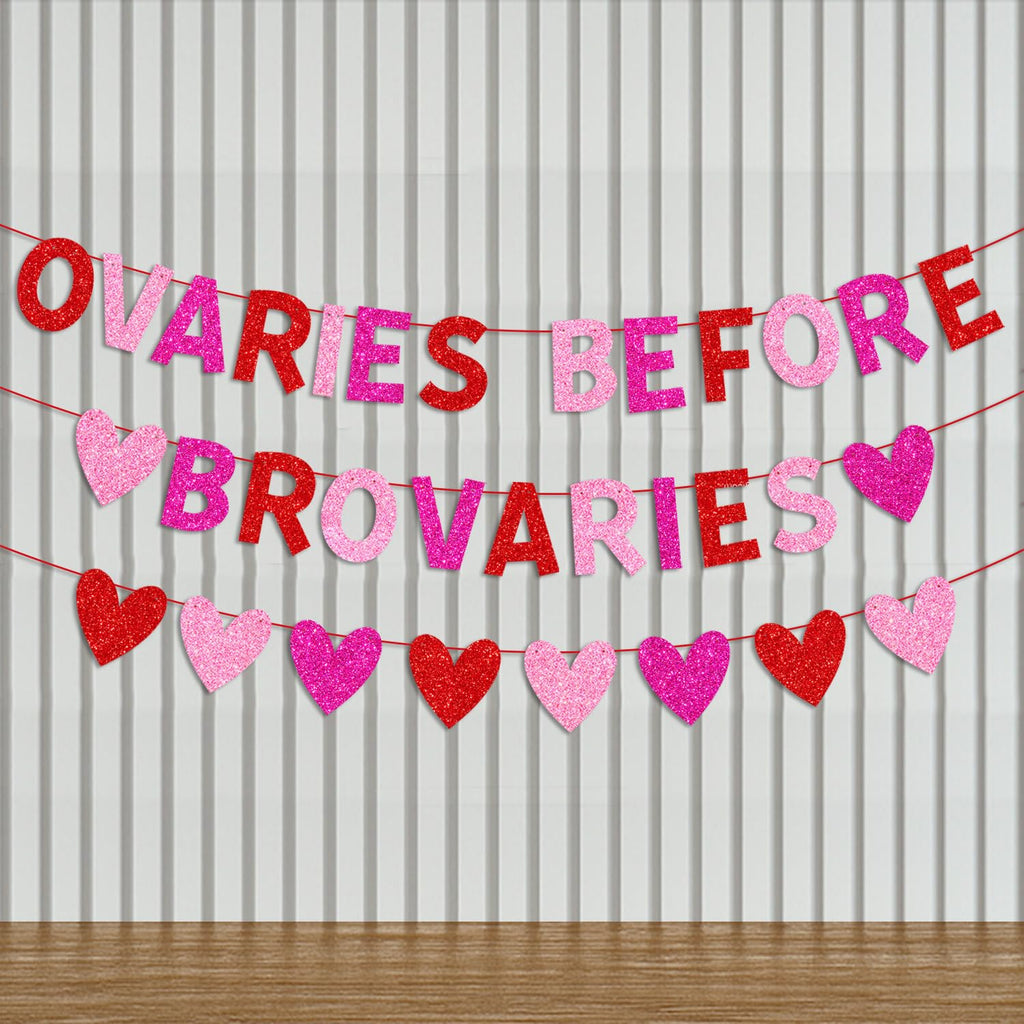 YEIRFYY Glitter Ovaries Before Brovaries Banner with Red Pink Rose Red Hearts Happy Galentine’s Day Banner for Fireplace Wall Girl Lady Galentines Day Valentines Day Party Decorations