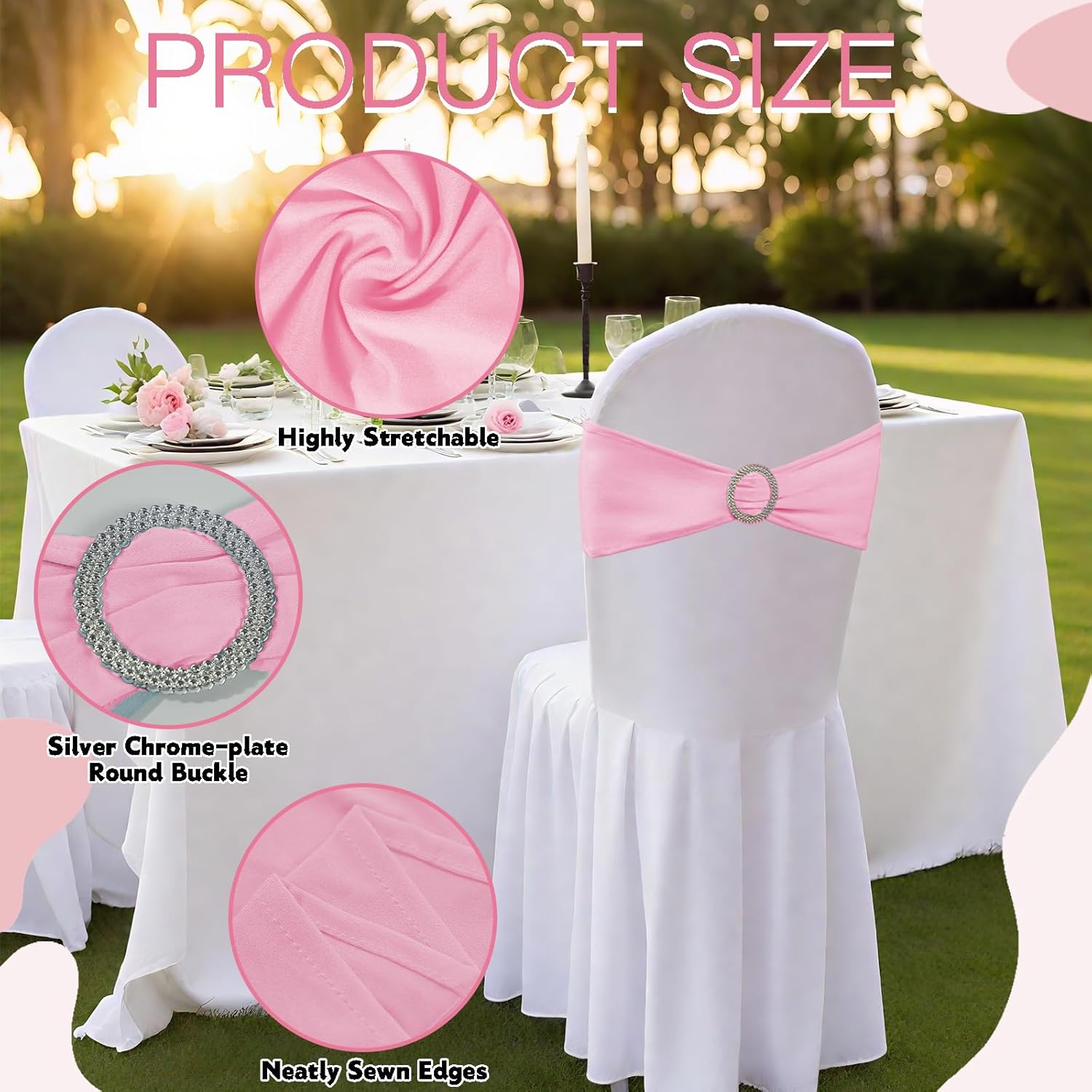 Skiennix 150-Pack Spandex Stretch Chair Sashes - Elastic Covers with Buckle Slider for Weddings & Events | Pink
