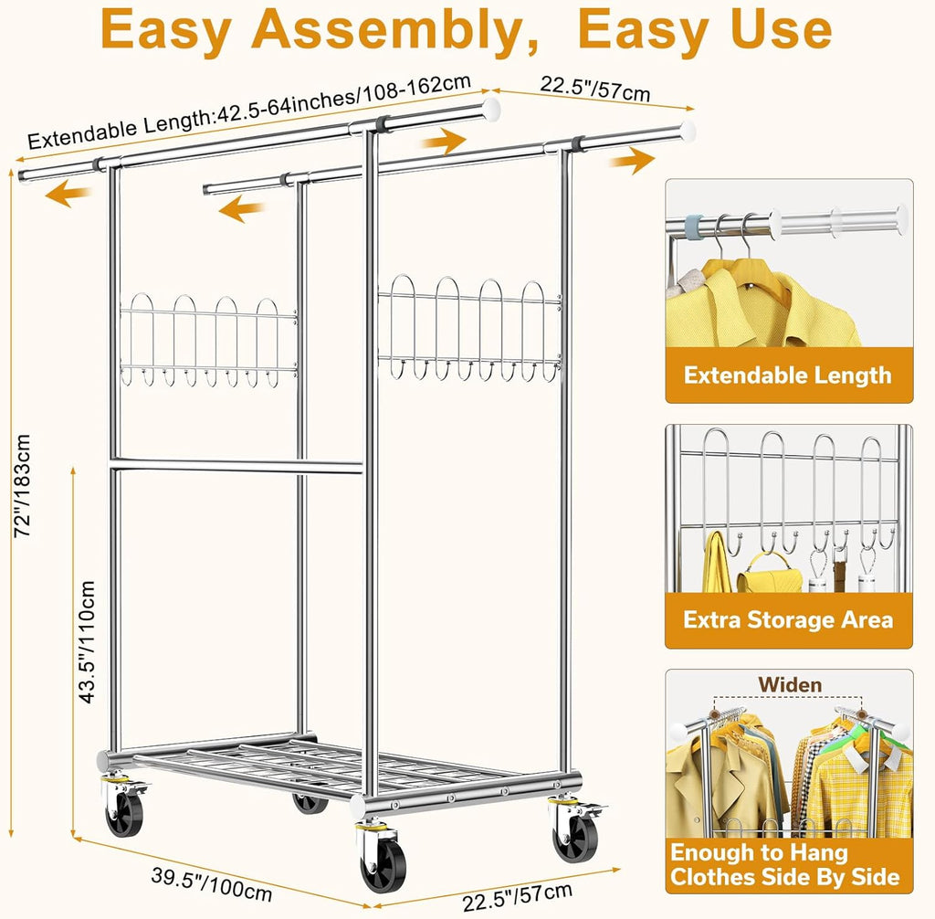 Skiennix Heavy-Duty Stainless Steel Clothes Rack - 960LBS Capacity, Extendable & Portable with Wheels