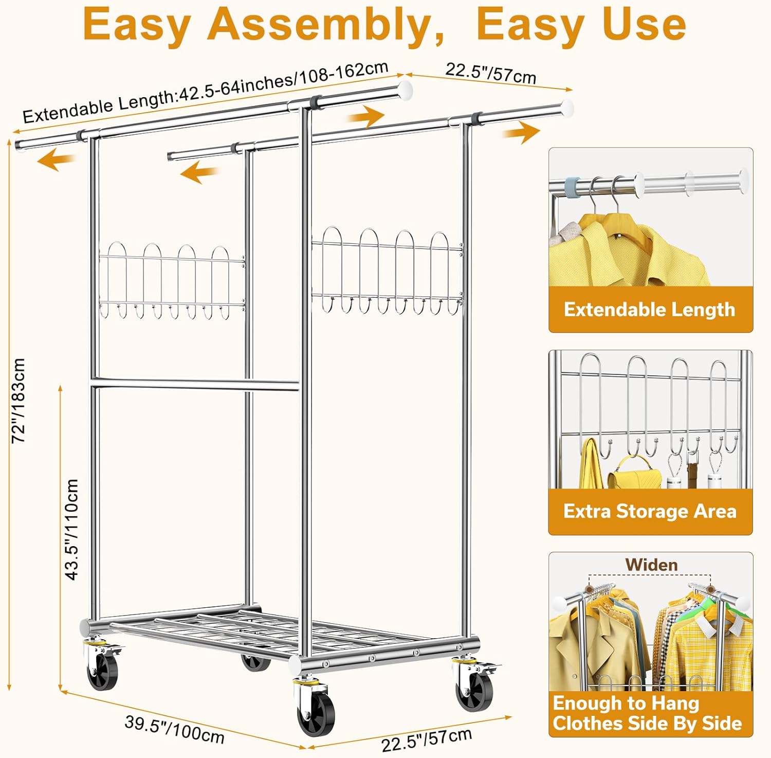 Skiennix Heavy-Duty Stainless Steel Clothes Rack - 960LBS Capacity, Extendable & Portable with Wheels
