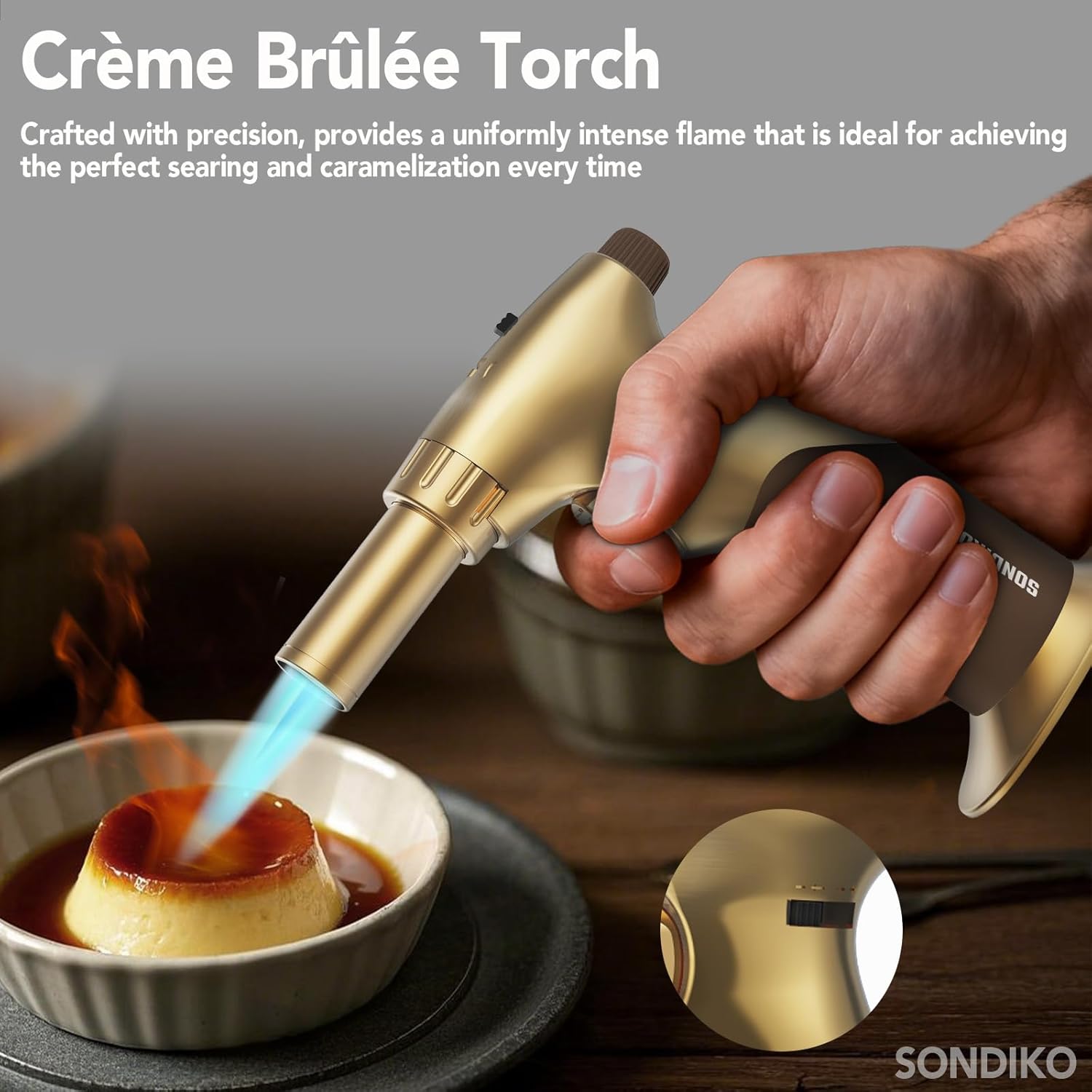 Sondiko Butane Torch Lighter - Dual Style, Adjustable Flame Size, Refillable Blow Torch | Gold Finish