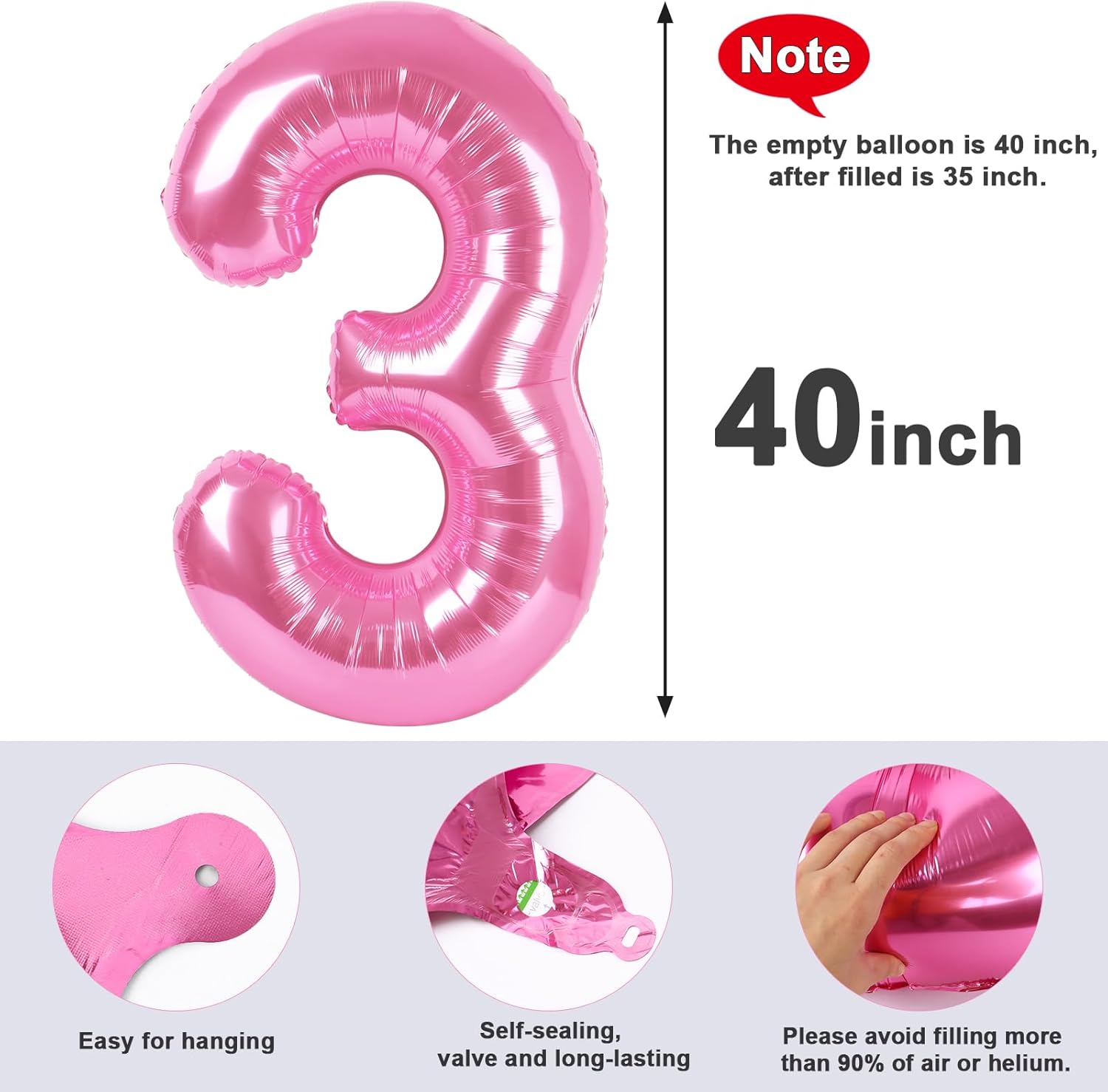 Numbers Balloon - 40 Inch Large Pink Balloon for Three Year Old Birthday Decor | Perfect for Parties