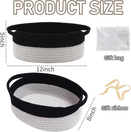 JMvicyroam Woven Basket - Small Rope Storage Bin with Handles for Organizing Shelves & Closets | Black & Grey