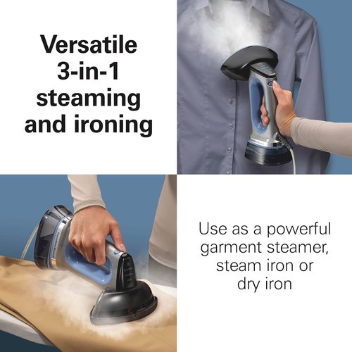 Hamilton Beach Durathon Handheld Garment Steamer - 1700W Quick Heat-Up, 300ml Tank, Gray & Blue