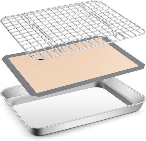 E-far Stainless Steel Baking Sheet Set - 10.5”x8.3” Cookie Sheet Pan with Wire Rack & Silicone Mat