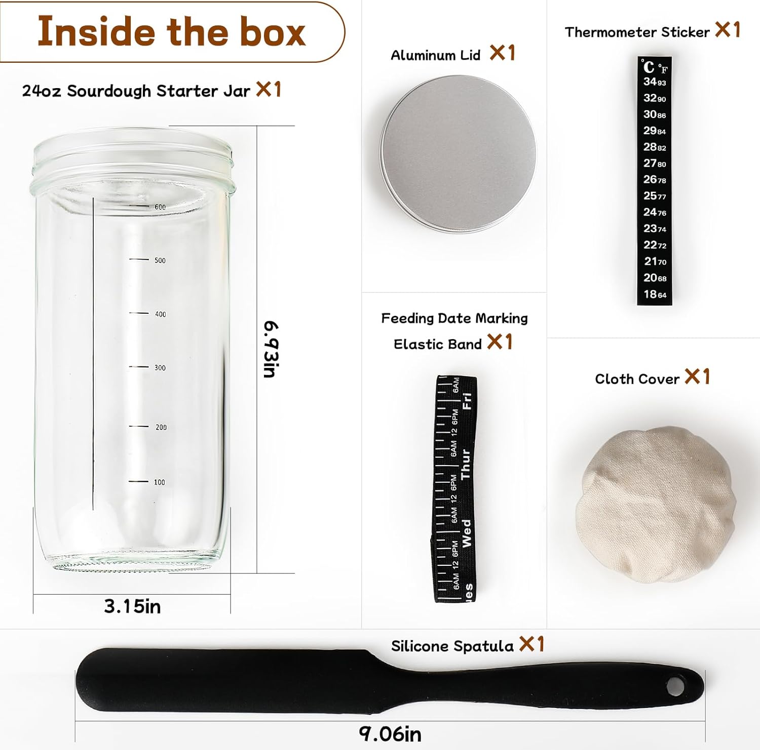 Skiennix Sourdough Starter Kit - 24 oz Glass Jar with Date Marked Feeding Band & Accessories