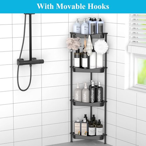 HuggieGems Corner Shower Caddy Organizer - 4 Tier Floor Standing Shelf with Hooks | Jet Black