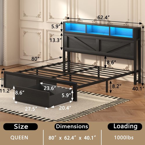 Incyneva Queen Bed Frame - Farmhouse Style with Bookcase Headboard, Charging Station & LED Light, Black