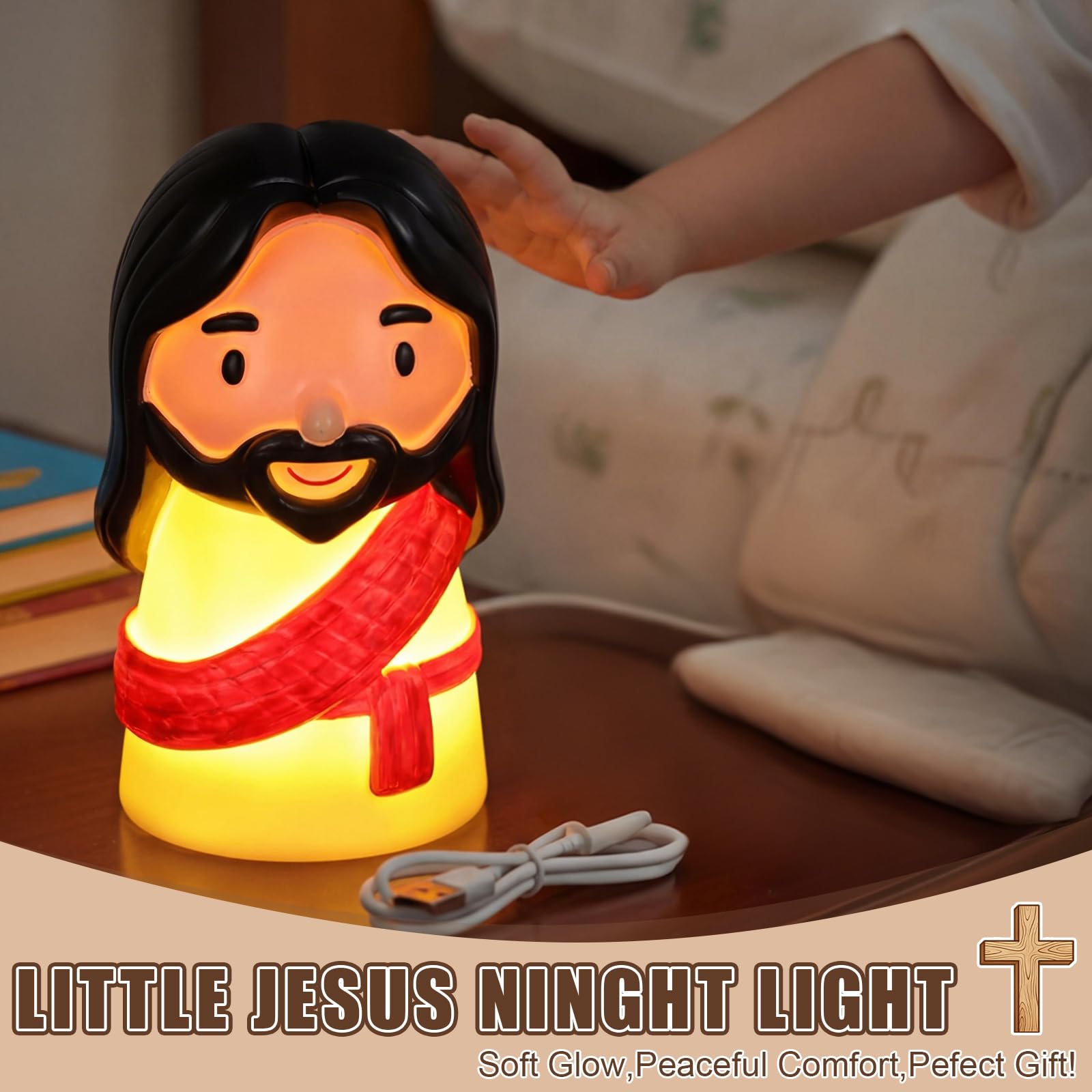 Huquary Cute Jesus Night Light, Jesus Gift, Dimmable PVC Christian Lamp, USB Rechargeable Touch Bedside Light, Baptism Favor, First Communion & Religious Graduation Gifts (3 x 5 Inch)(Red)