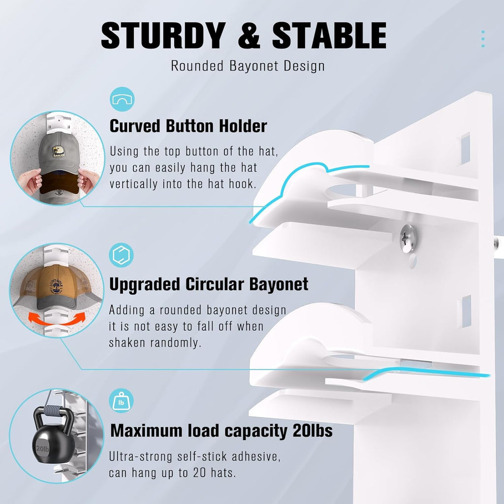 Skiennix Hat Organizer - Wall-Mounted Rack for Up to 40 Baseball Caps | Strong Adhesive, White