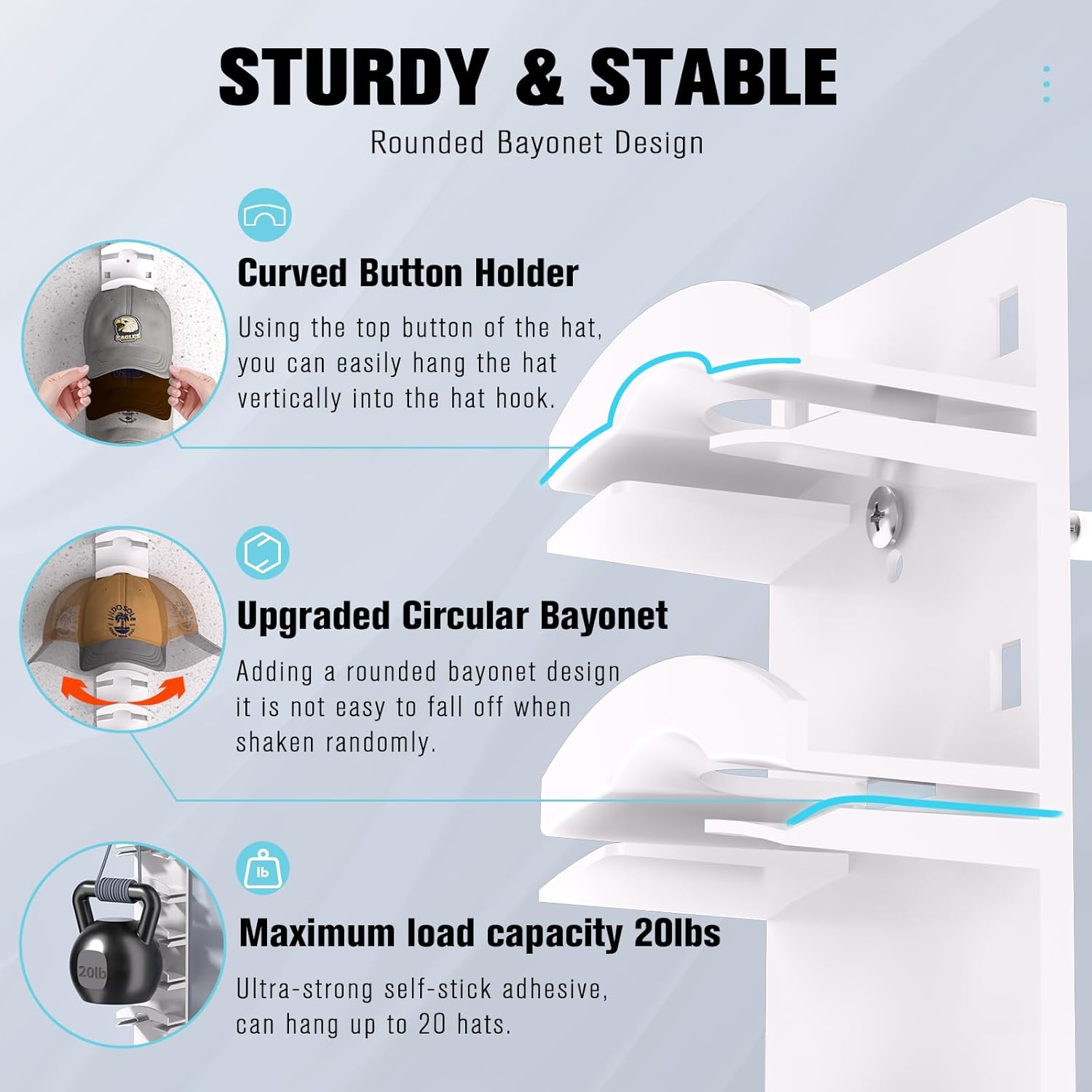 Skiennix Hat Organizer - Wall-Mounted Rack for Up to 40 Baseball Caps | Strong Adhesive, White