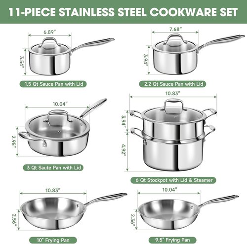 3 Ply Stainless Steel Cookware Set - 11-Piece Kitchen Set with Lids | Non-Toxic, Induction & Dishwasher Safe