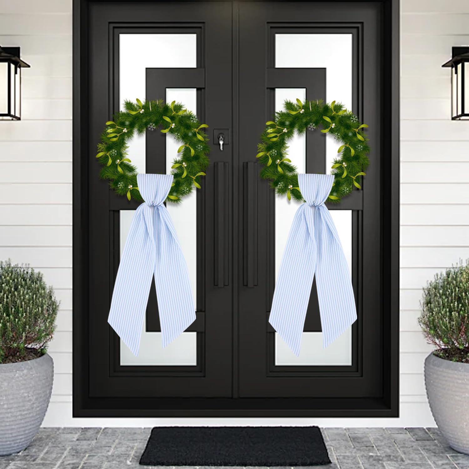 Skiennix 2 Pack Wreath Sash - Blue Stripe Design for Monogram Embroidery | 5'' W x 54'' L Front Door Decor