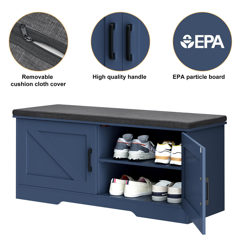 HOMSHO 2-Tier Storage Bench, 39.4" Wide Shoe Bench with Padded Seat Cushion, Entryway Bench with 2 Barn Doors and Adjustable Shelf, Blue