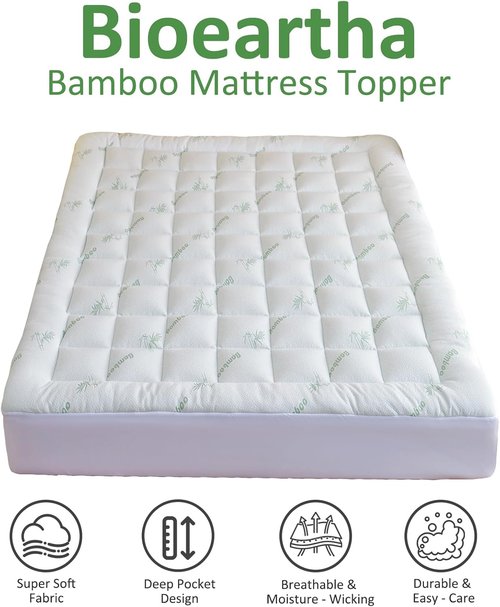 Bioeartha Cooling Mattress Topper Queen - Extra Soft Bamboo Pillow Top for Back Pain Relief | Deep Pocket Design Fits 8-21 Inch