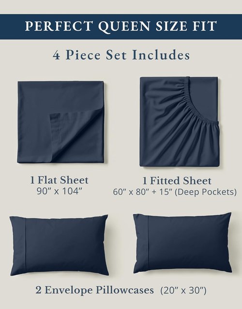 LANE LINEN Organic Cotton Bed Sheets - Eco-Friendly, Soft Percale Weave, Queen Size Set in Navy