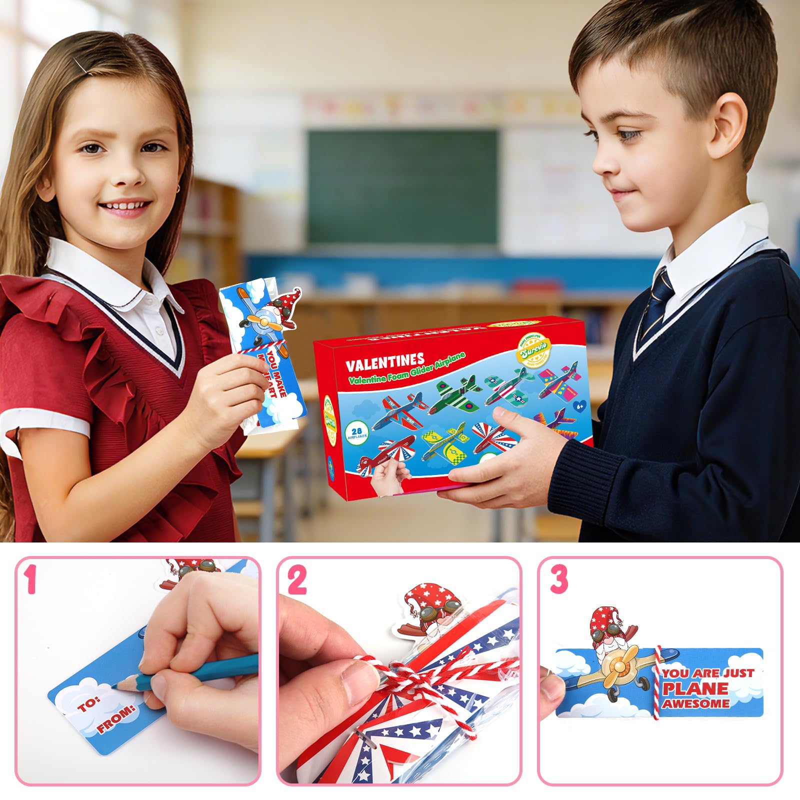 SURCVIO 28 Pack Valentines Day Gifts for Kids, Foam Airplanes Party Favor Set with Valentines Greeting Cards for Kids, Valentine's Day School Prize Party Favor, Classroom Exchange Gift Set