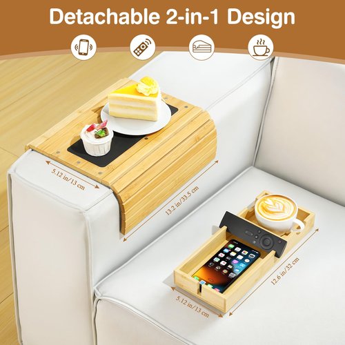 Luxspire Couch Armrest Table, 2-in-1 Magnetic Detachable Sofa Arm Tray with Cup Holder and Phone Holder, Foldable Bamboo Couch Cup Holder for Remote Controls, Phones, Snacks, Cups, Burlywood