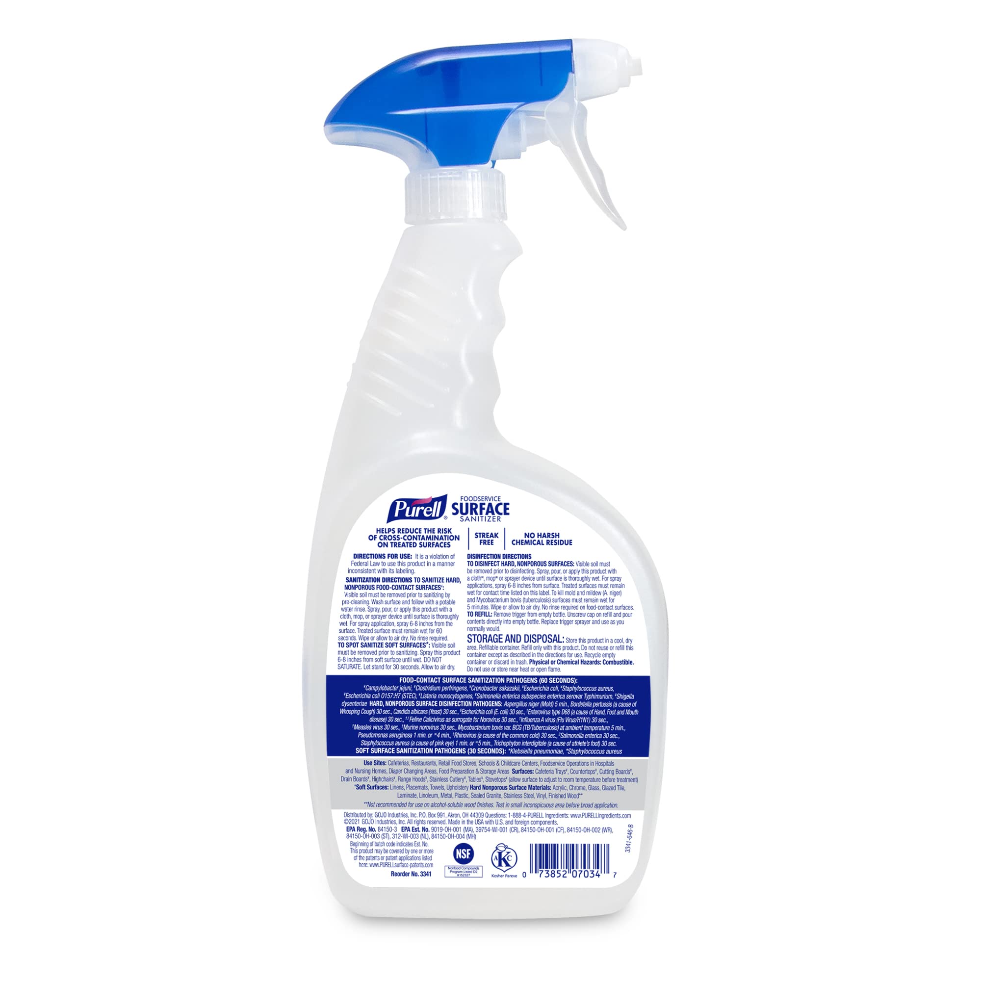 PURELL Foodservice Surface Sanitizer Spray, Fragrance Free, 32 fl oz Capped Bottle with Spray Trigger in Pack (Pack of 6) - 3341-06