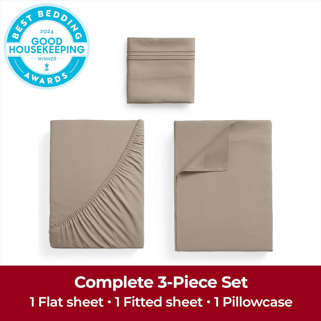 Mellanni Extra Deep Twin Sheets - Hotel Luxury Bedding Set | Ultra Soft, Cooling, Stain Resistant (Twin, Tan)