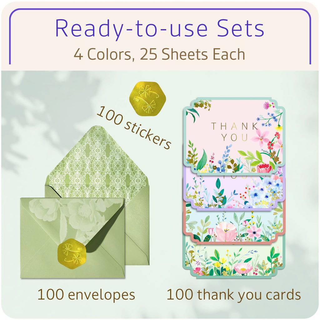 ukee's Thank You Cards with Envelopes 100-Pack, Gold Foil Floral, Thank You Notes w/Sage Green Envelopes & Stickers, Blank Inside for Baby Shower, Wedding, Graduation, Small Business, 4.25" x 5.5"