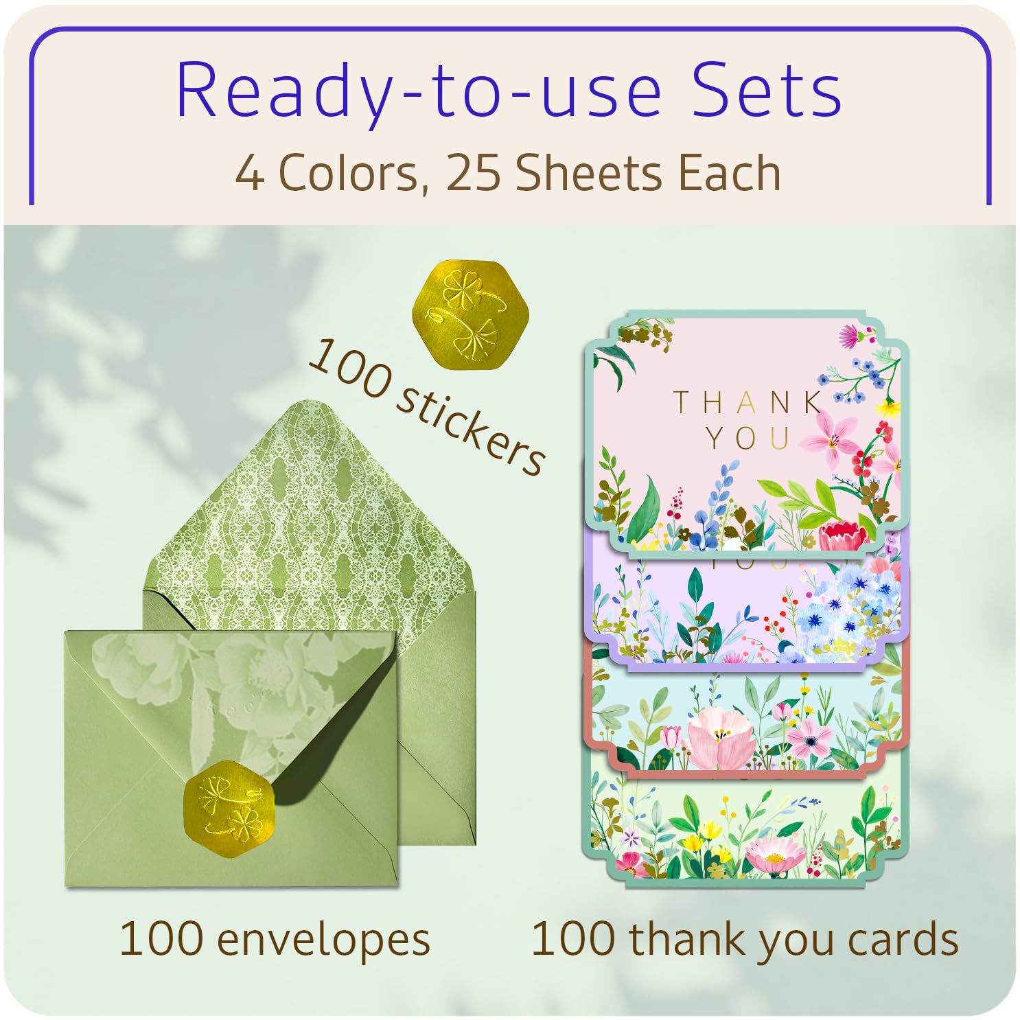 ukee's Thank You Cards with Envelopes 100-Pack, Gold Foil Floral, Thank You Notes w/Sage Green Envelopes & Stickers, Blank Inside for Baby Shower, Wedding, Graduation, Small Business, 4.25" x 5.5"
