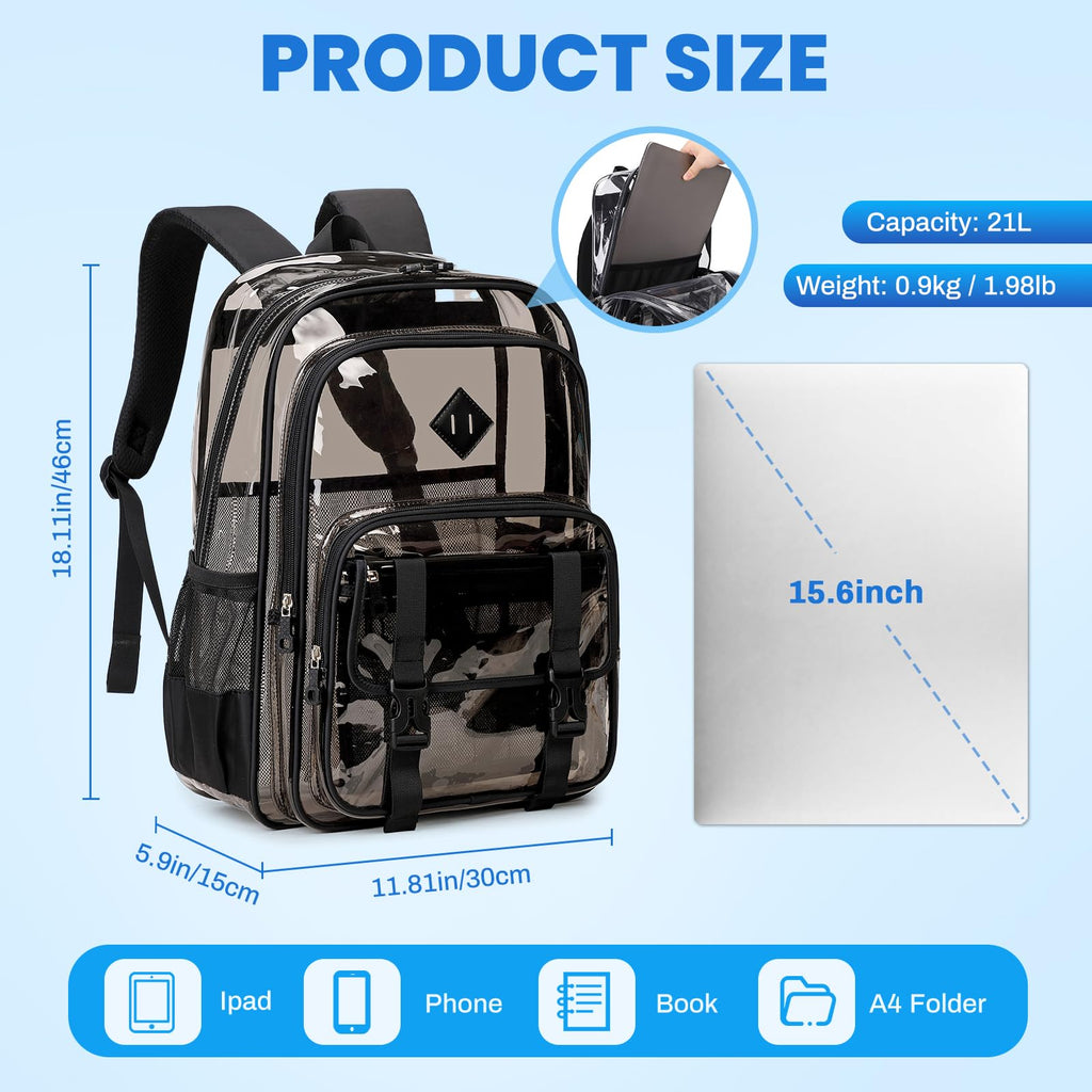 QIXIHU Large Clear Backpacks for School Heavy Duty Transparent Backpack for Stadium Event See through Bookbag for Kids Adult Thick PVC Back Pack, Semi-Black