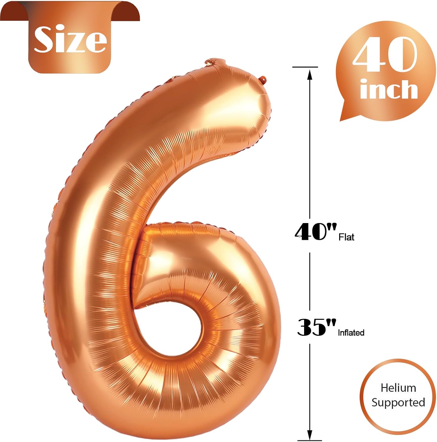 Orange Number 6 Balloon - 40 Inch Giant Foil Balloon for 6th Birthday Party Decorations