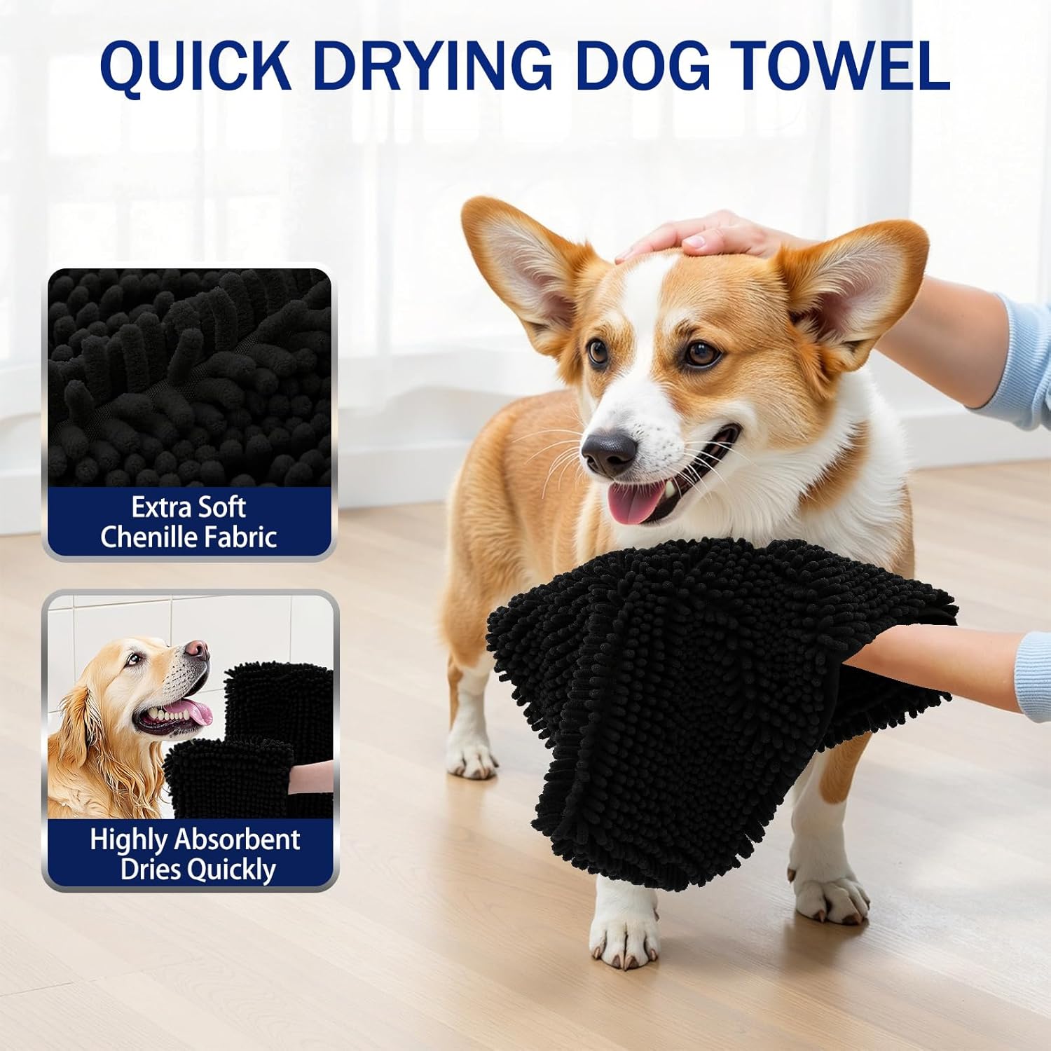 OLANLY Chenille Dog Bath Towel - Ultra Absorbent Quick Dry Plush Towel for Large Dogs & Puppies | 31x13, Black