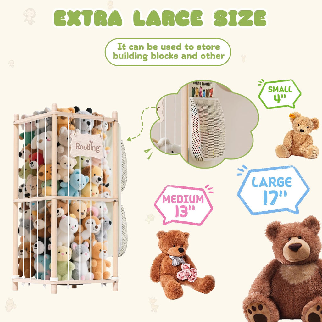Rootling Stuffed Animal Storage & Organizer, 54 inch Tall Wooden Cute Zoo Toy Holder w/Building Block Storage Bag, Premium Wooden Material with Elastic Cord for Toddler Rooms, Playrooms (Small)
