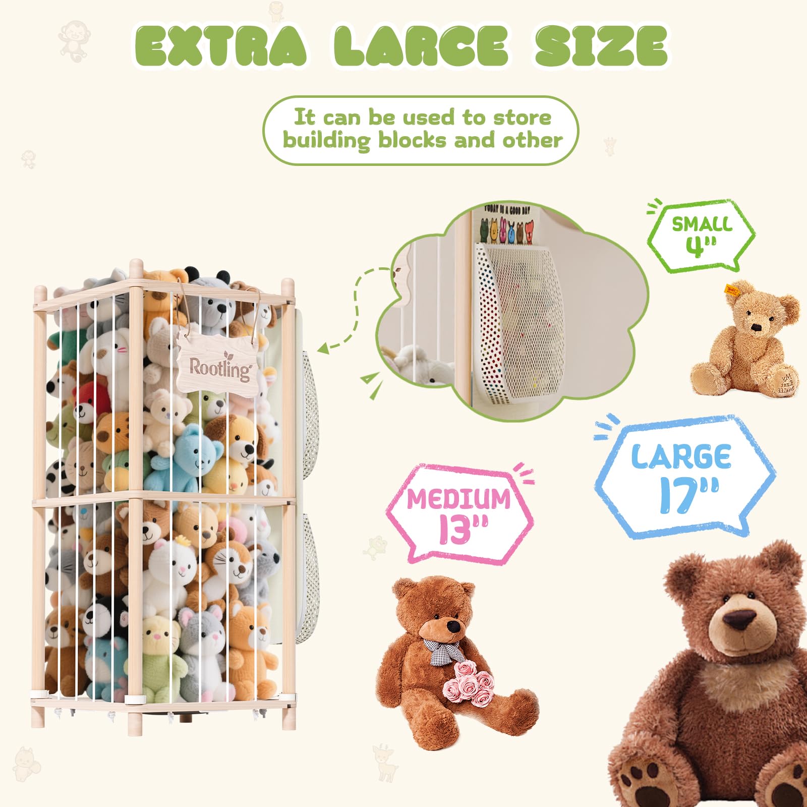 Rootling Stuffed Animal Storage & Organizer, 54 inch Tall Wooden Cute Zoo Toy Holder w/Building Block Storage Bag, Premium Wooden Material with Elastic Cord for Toddler Rooms, Playrooms (Small)