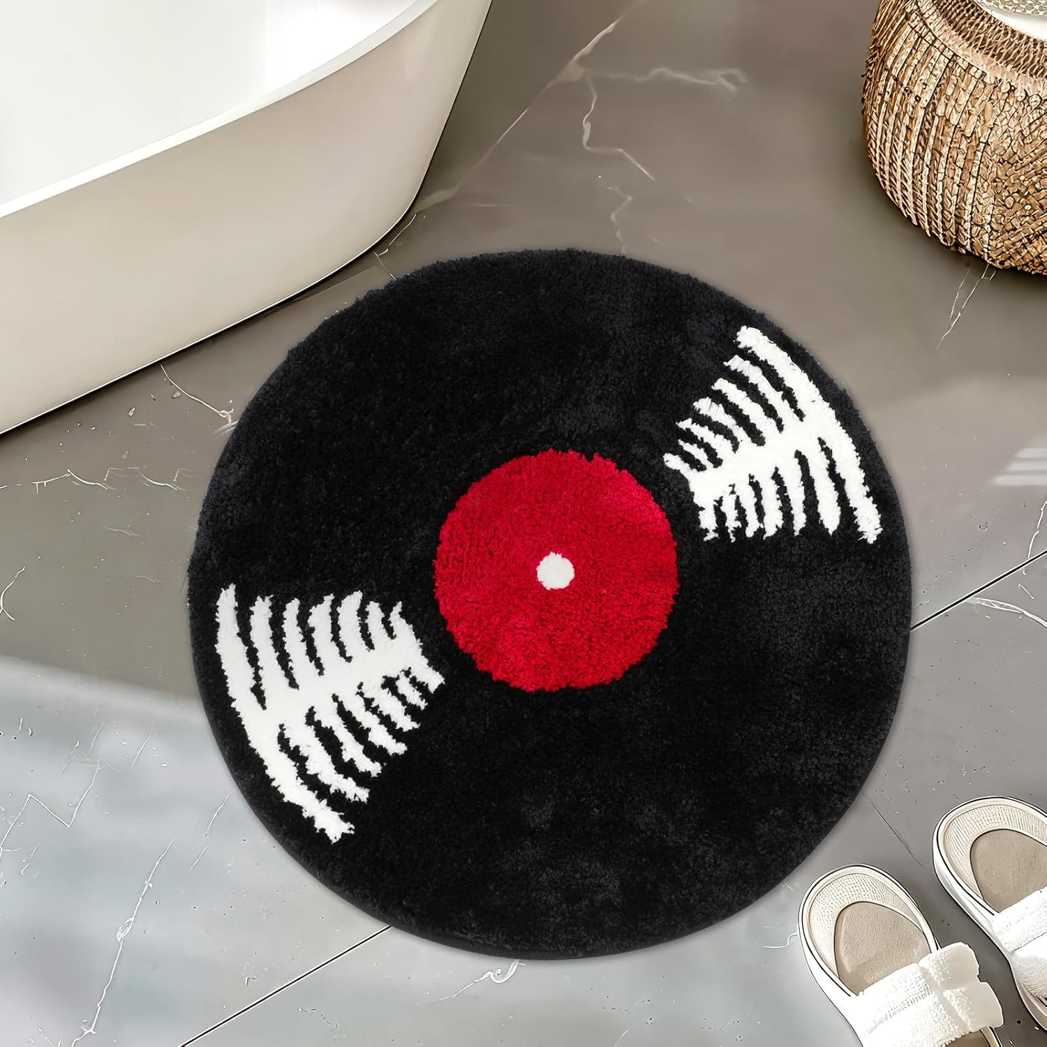 Skiennix Vinyl Record Bath Mat - Retro Non-Slip Washable Rug | Funny Music Theme Decor - 23.5" Black & White