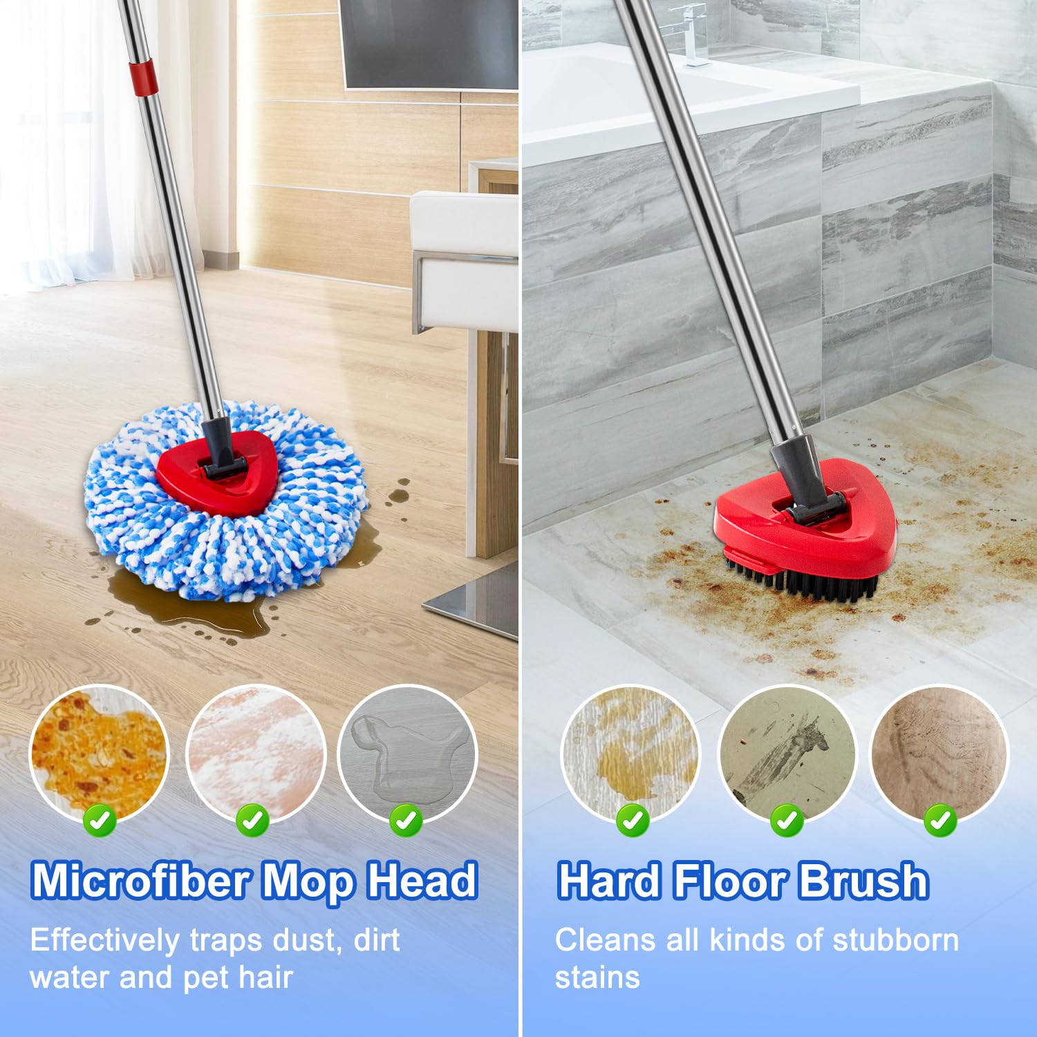Mop Head Replacement Compatiable with Ocedar RinseClean 2-Tank System, Mircofiber Mop Heads Refill and Scrub Brush for O Cedar Rinseclean Spin Mop, 6 Pack Mop Refills & 2 Scrub Head for Floor Cleaning