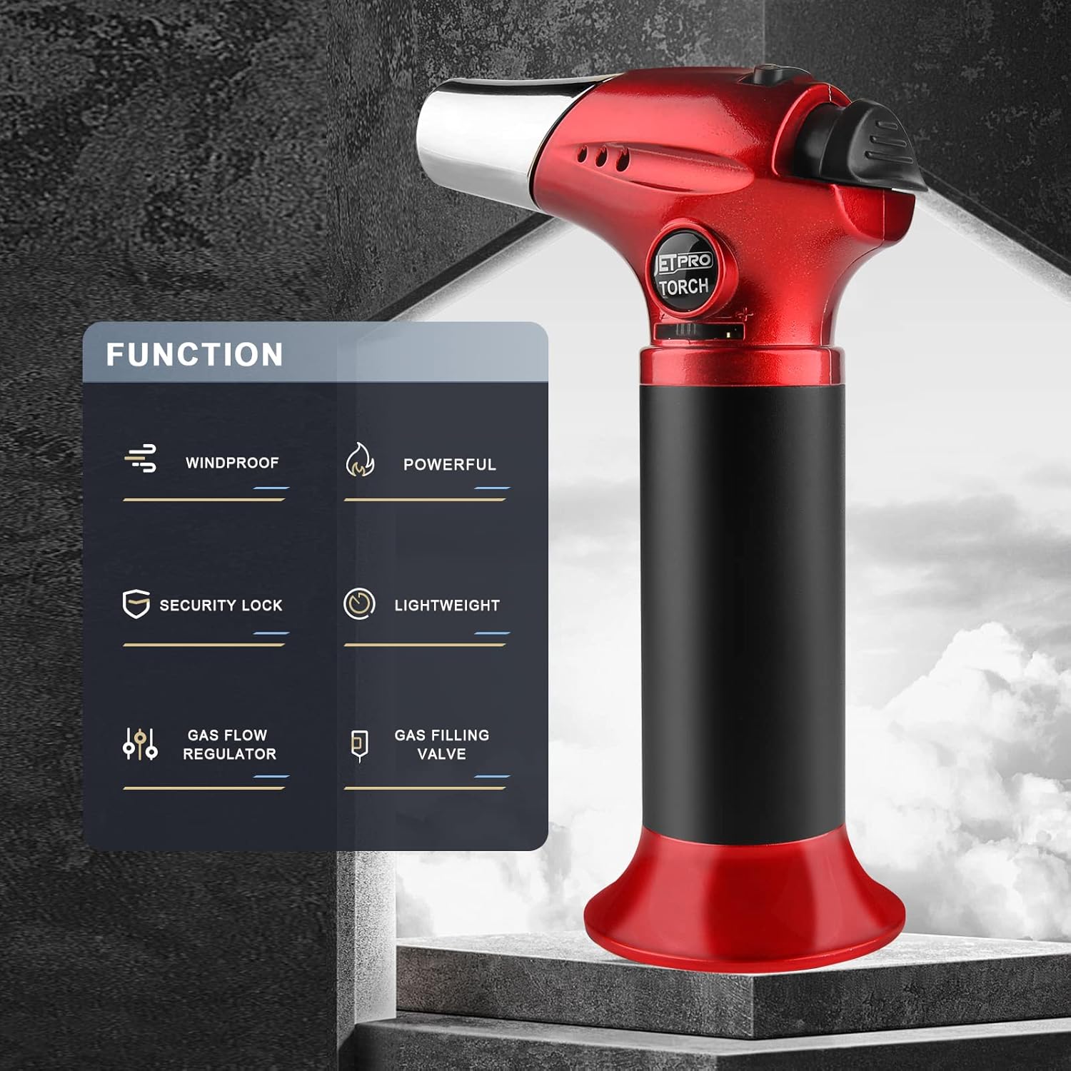 Skiennix Butane Kitchen Torch Lighter - Refillable Cooking Torch with Adjustable Flame & Safety Lock | Red
