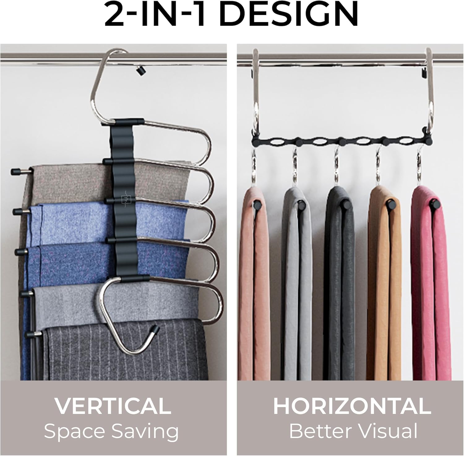 MORALVE Pants Hangers - Space-Saving Non-Slip Multi-Layer Closet Rack - 4 Pack for Jeans, Trousers & Skirts (Black)